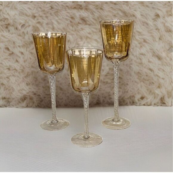 Vintage Set Of 3 Blown Amber /Gold Glass Tiered Votive Holders Airtwist Stem - Picture 2 of 4